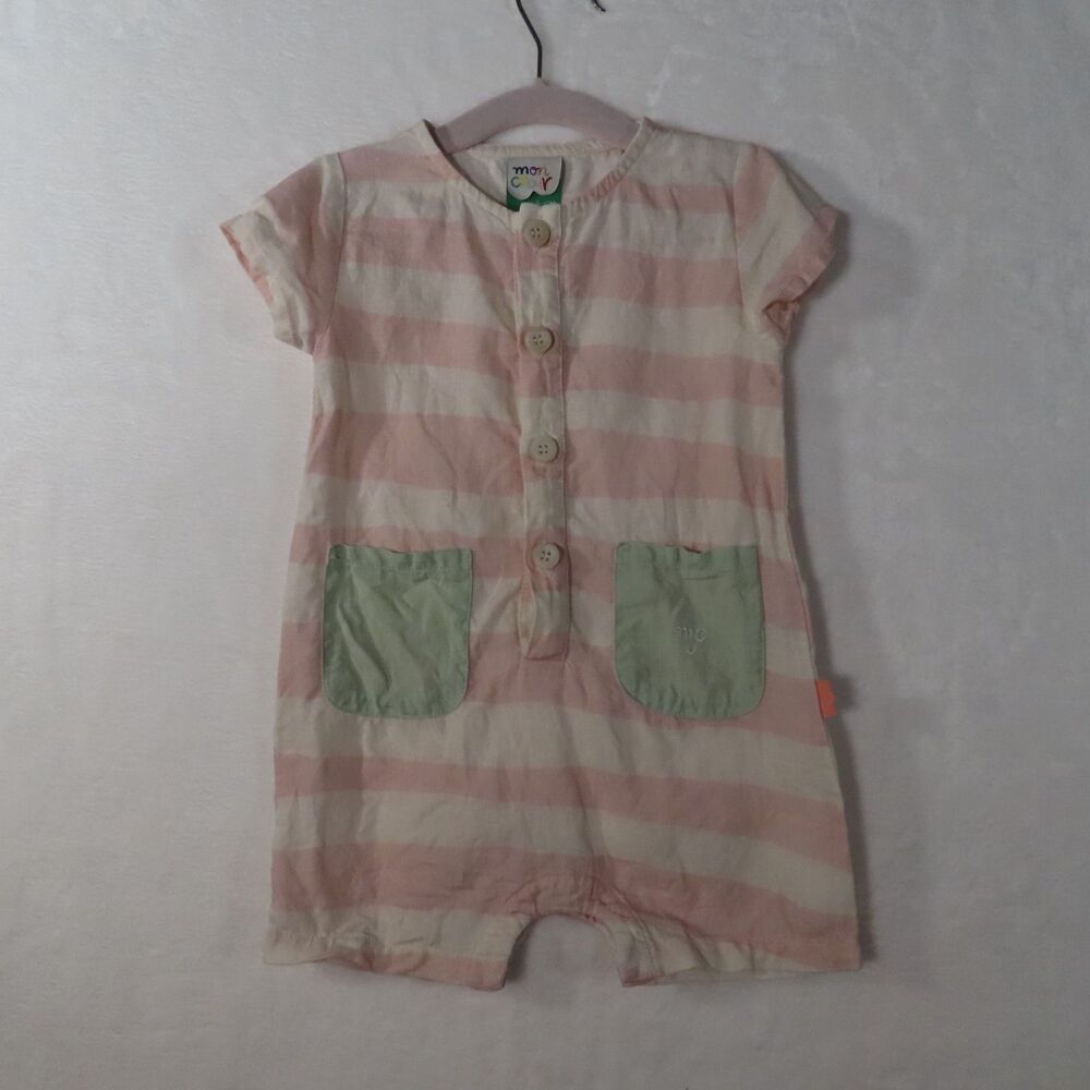 Mon Coeur 100% Linen Baby Romper Pink Stripe 6-12M Button Snap Portugal